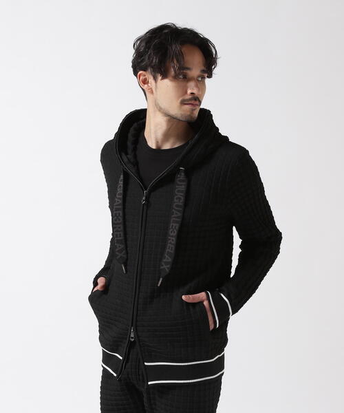 1piu1uguale3 RELAX（ウノピュウノウグァーレトレリラックス）の「1PIU1UGUALE3 RELAX/ウノピゥウノウグァーレトレ リラックス/スクエアパターンニットフーディー（パーカー・メンズ・ブラック/ホワイト・M/L/XL）」の3枚目の写真