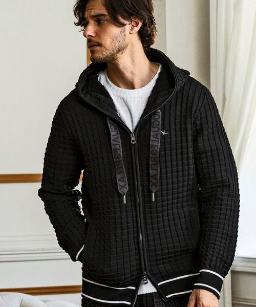 1piu1uguale3 RELAX（ウノピュウノウグァーレトレリラックス）の「1PIU1UGUALE3 RELAX/ウノピゥウノウグァーレトレ リラックス/スクエアパターンニットフーディー（パーカー・メンズ・ブラック/ホワイト・M/L/XL）」の6枚目の写真