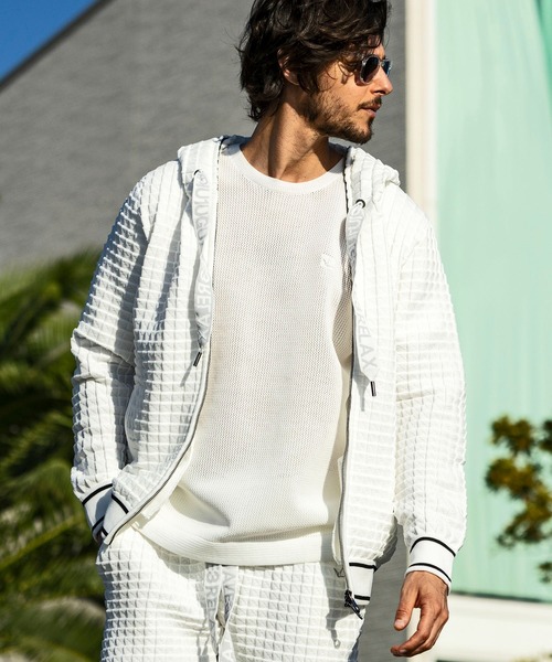 1piu1uguale3 RELAX（ウノピュウノウグァーレトレリラックス）の「1PIU1UGUALE3 RELAX/ウノピゥウノウグァーレトレ リラックス/スクエアパターンニットフーディー（パーカー・メンズ・ブラック/ホワイト・M/L/XL）」の12枚目の写真