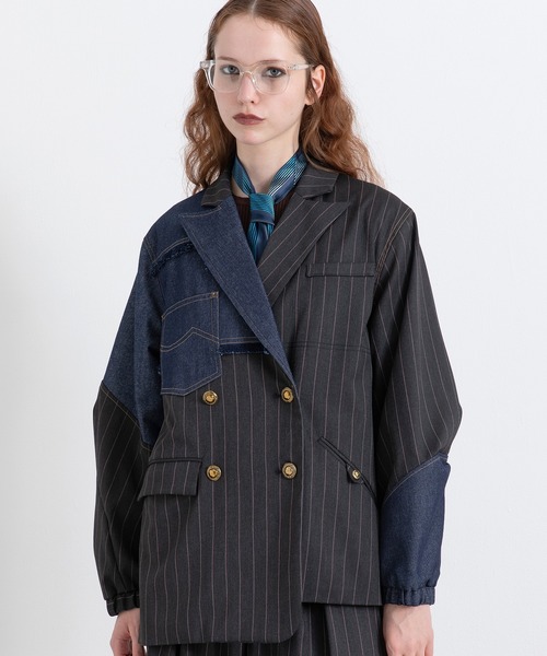 セール】チェックデニムコンビネーションジャケット（テーラード