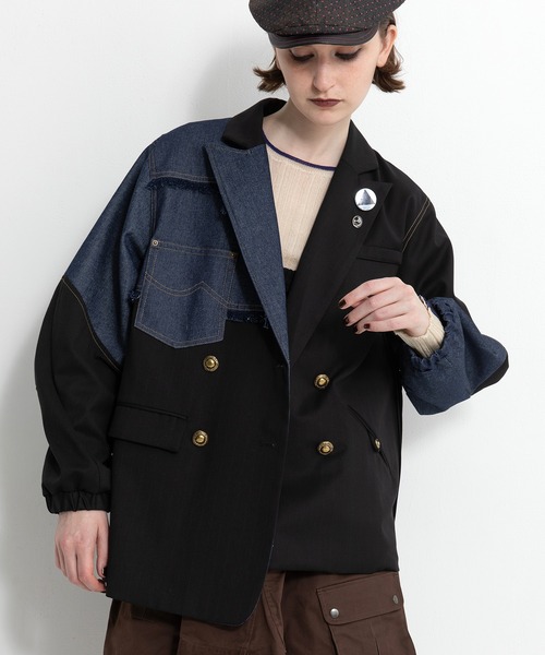 AULA AILA（アウラアイラ）の「チェックデニムコンビネーションジャケット（テーラードジャケット・レディース・ブラック/チャコールグレー/ブラウン・0）」の2枚目の写真