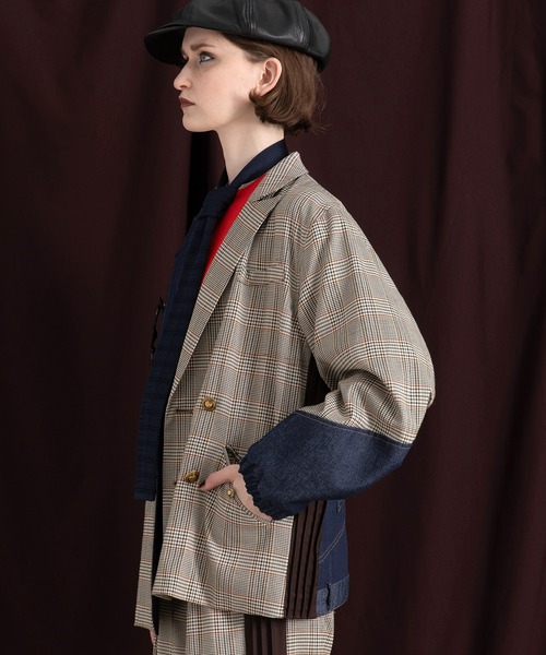 セール】チェックデニムコンビネーションジャケット（テーラード