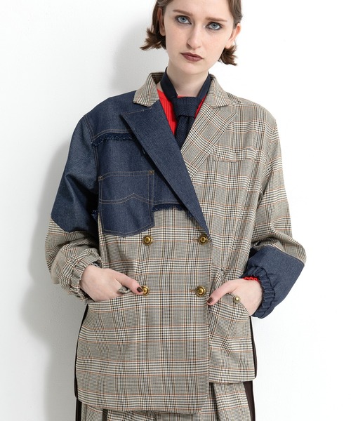 セール】チェックデニムコンビネーションジャケット（テーラード