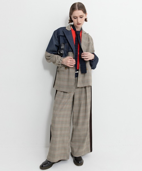 セール】チェックデニムコンビネーションジャケット（テーラード