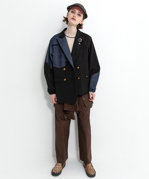 セール】チェックデニムコンビネーションジャケット（テーラード