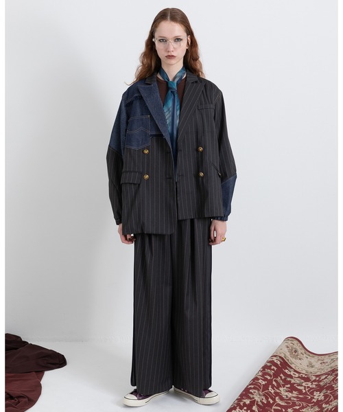 セール】チェックデニムコンビネーションジャケット（テーラード