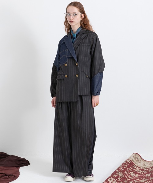 セール】チェックデニムコンビネーションジャケット（テーラード