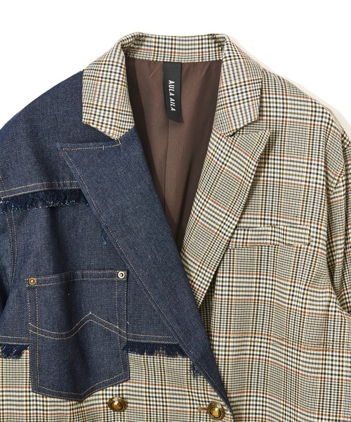 セール】チェックデニムコンビネーションジャケット（テーラード
