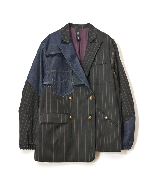 セール】チェックデニムコンビネーションジャケット（テーラード