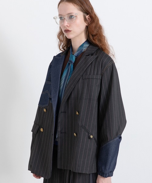 セール】チェックデニムコンビネーションジャケット（テーラード