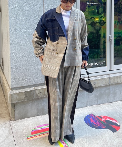 セール】チェックデニムコンビネーションジャケット（テーラード