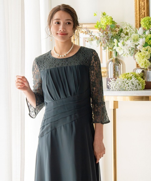 Jolie et Jolie(ジョリーエジョリー)の「ウエストねじりデザインレースワンピースドレス(ドレス・レディース・ネイビー/ダークグリーン・LL/3L/4L/5L/L/M)」の2枚目の写真