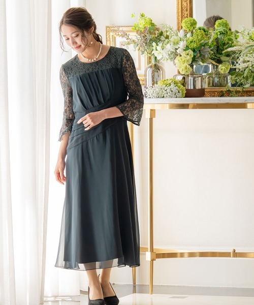 Jolie et Jolie(ジョリーエジョリー)の「ウエストねじりデザインレースワンピースドレス(ドレス・レディース・ネイビー/ダークグリーン・LL/3L/4L/5L/L/M)」の9枚目の写真