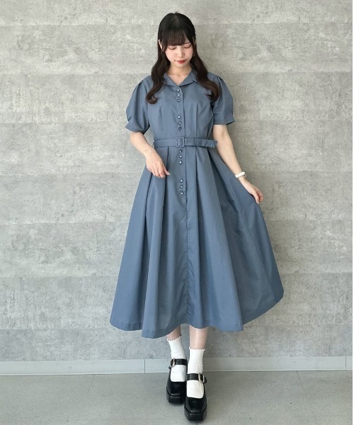 セール】レトロ釦使い開衿シャツワンピース【1枚で快適】夏服