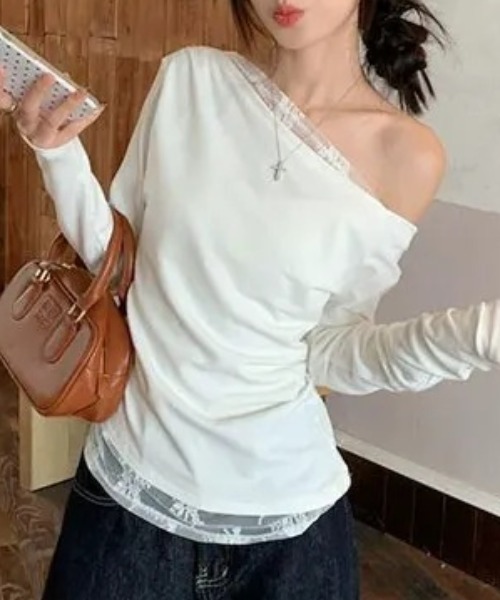 Teem Store(チームストア)の「レースレイヤードワンショルダーロンT トップス 体型盛れ(Tシャツ/カットソー・レディース・ブラック/ネイビー/ホワイト・L/M)」の17枚目の写真
