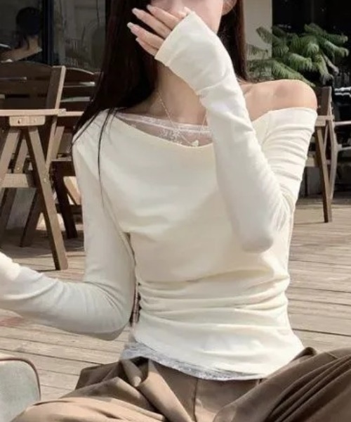 Teem Store(チームストア)の「レースレイヤードワンショルダーロンT トップス 体型盛れ(Tシャツ/カットソー・レディース・ブラック/ネイビー/ホワイト・L/M)」の18枚目の写真