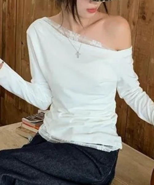 Teem Store(チームストア)の「レースレイヤードワンショルダーロンT トップス 体型盛れ(Tシャツ/カットソー・レディース・ブラック/ネイビー/ホワイト・L/M)」の19枚目の写真