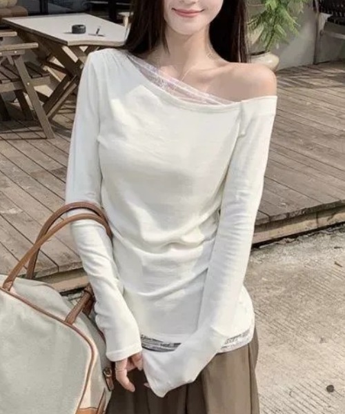 Teem Store(チームストア)の「レースレイヤードワンショルダーロンT トップス 体型盛れ(Tシャツ/カットソー・レディース・ブラック/ネイビー/ホワイト・L/M)」の22枚目の写真