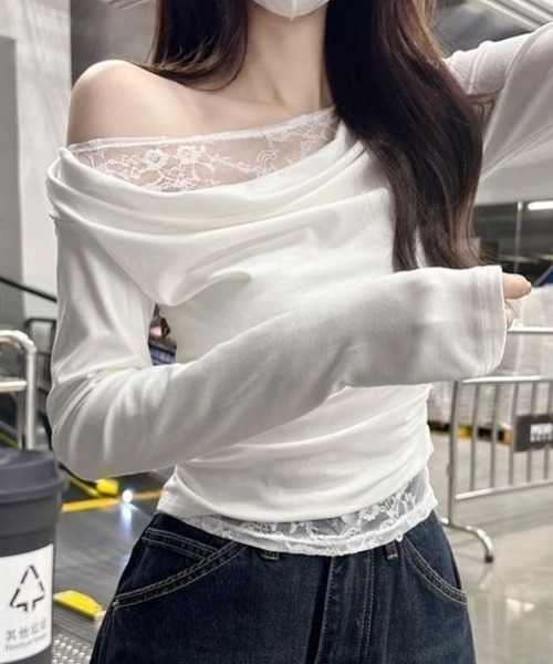 Teem Store(チームストア)の「レースレイヤードワンショルダーロンT トップス 体型盛れ(Tシャツ/カットソー・レディース・ブラック/ネイビー/ホワイト・L/M)」の14枚目の写真