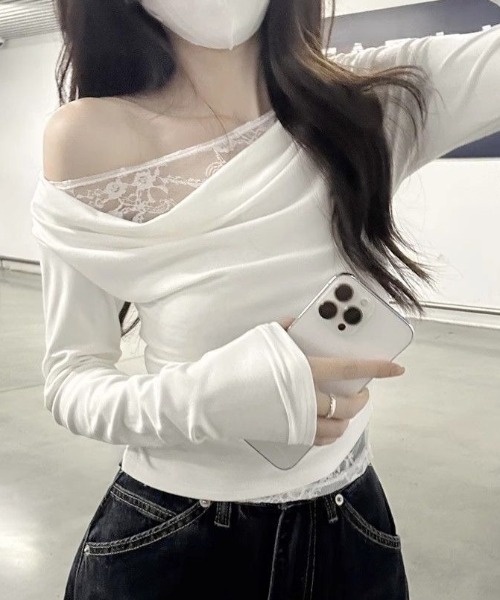 Teem Store(チームストア)の「レースレイヤードワンショルダーロンT トップス 体型盛れ(Tシャツ/カットソー・レディース・ブラック/ネイビー/ホワイト・L/M)」の16枚目の写真