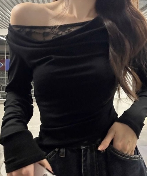 Teem Store(チームストア)の「レースレイヤードワンショルダーロンT トップス 体型盛れ(Tシャツ/カットソー・レディース・ブラック/ネイビー/ホワイト・L/M)」の4枚目の写真