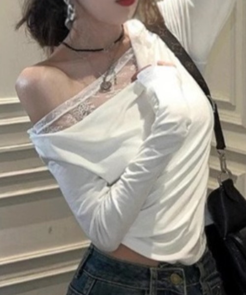 Teem Store(チームストア)の「レースレイヤードワンショルダーロンT トップス 体型盛れ(Tシャツ/カットソー・レディース・ブラック/ネイビー/ホワイト・L/M)」の8枚目の写真