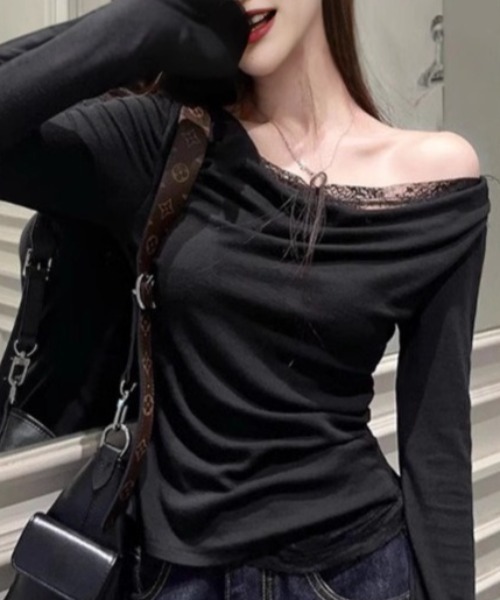 Teem Store(チームストア)の「レースレイヤードワンショルダーロンT トップス 体型盛れ(Tシャツ/カットソー・レディース・ブラック/ネイビー/ホワイト・L/M)」の6枚目の写真
