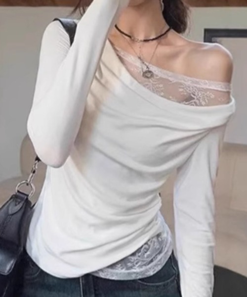 Teem Store(チームストア)の「レースレイヤードワンショルダーロンT トップス 体型盛れ(Tシャツ/カットソー・レディース・ブラック/ネイビー/ホワイト・L/M)」の7枚目の写真