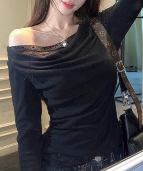 Teem Store(チームストア)の「レースレイヤードワンショルダーロンT トップス 体型盛れ(Tシャツ/カットソー・レディース・ブラック/ネイビー/ホワイト・L/M)」の5枚目の写真