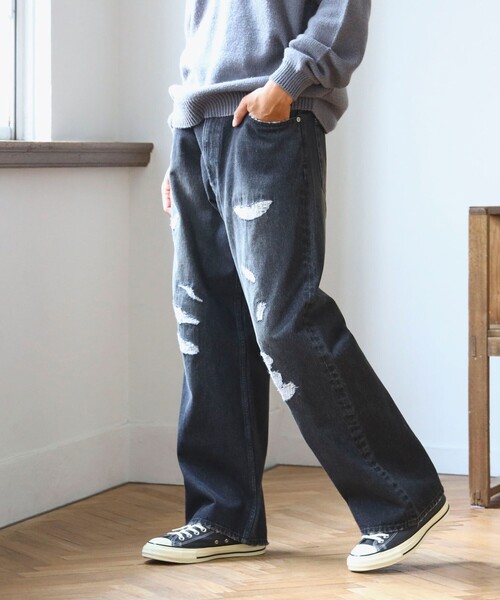 B:MING by BEAMS（ビーミングバイビームス）の「ambiance / ダメージ デニム（デニムパンツ・メンズ・ブラック/インディゴブルー・S/M/L/XL）」の4枚目の写真