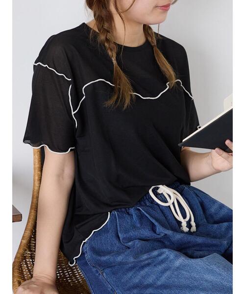ehka sopo(エヘカソポ)の「シアーメローカットソー(Tシャツ/カットソー・レディース・ミント/キナリ/ブラック/サックスブルー・F)」の2枚目の写真