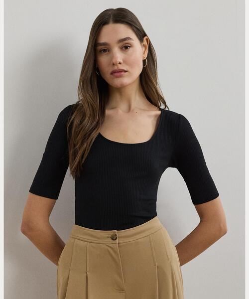 LAUREN RALPH LAUREN(ローレン ラルフ ローレン)の「リブニット コットンブレンド エルボースリーブ Tシャツ(Tシャツ/カットソー・レディース・ブラック系1・XS/S/M/L)」の1枚目の写真