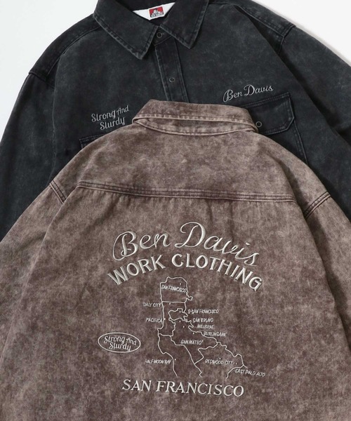 BEN DAVIS（ベンデイビス）の「BEN DAVIS/ベンデイビス BLEACHED TWILL EMB SHIRT/オーバーサイズ ヴィンテージ加工 バックプリント刺繍 ツイルシャツ/ワークシャツ/レディース メンズ（シャツ/ブラウス・メンズ・ブラウン/チャコール/サックスブルー・M/L/XL）」の3枚目の写真