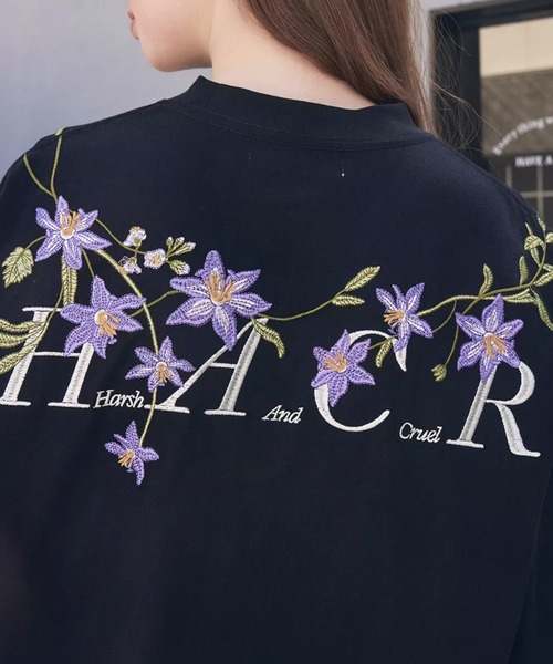 セール】フラワー刺繍ロンT 肩ライン装飾 バックレタリング