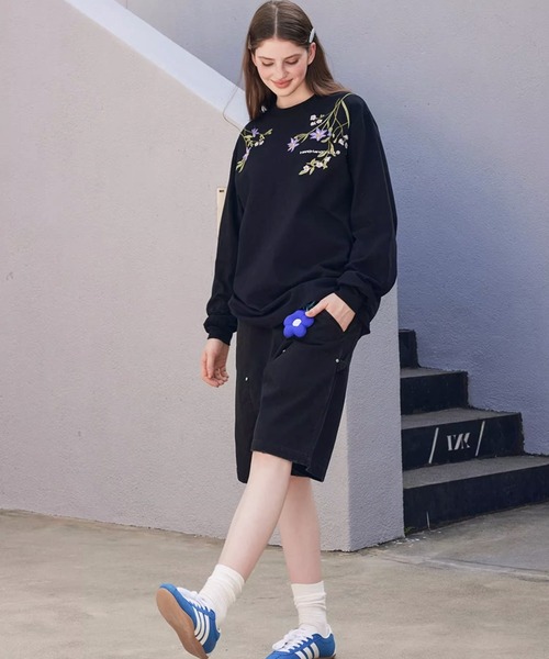 セール】フラワー刺繍ロンT 肩ライン装飾 バックレタリング