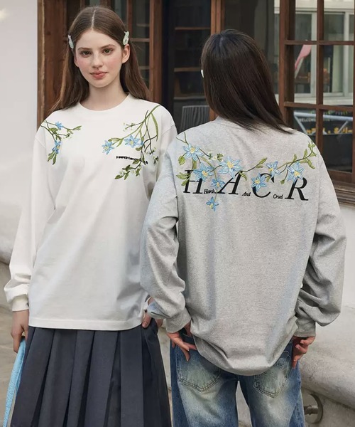 セール】フラワー刺繍ロンT 肩ライン装飾 バックレタリング