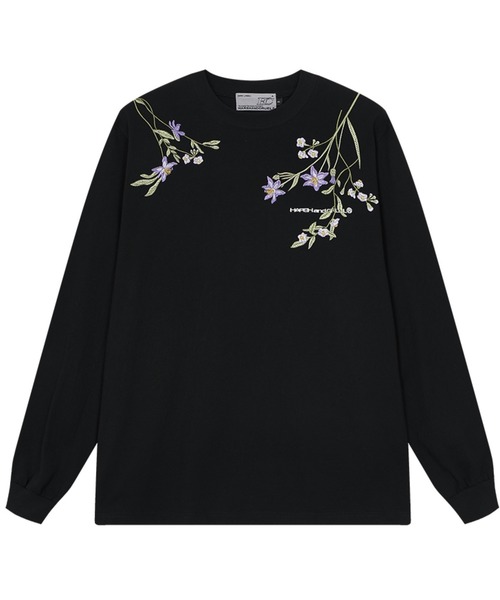 セール】フラワー刺繍ロンT 肩ライン装飾 バックレタリング ゆったり