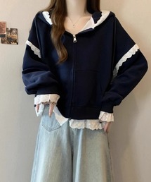 Mejoul | 【2025秋冬新作】レースフリル ビッグジップパーカー(スウェット)