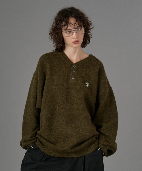 【美品】steven alan ルーズフィット ヘンリーネック ニットT カーキ steven alan ルーズフィット ヘンリーネック ニットT カーキ