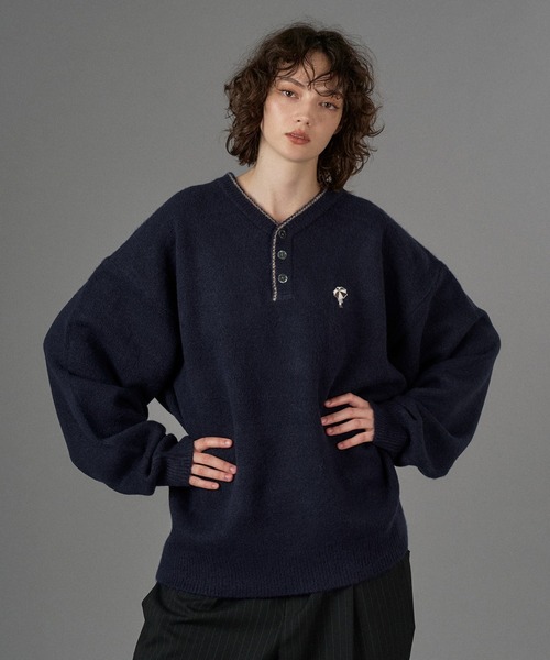 Cabela'sヘンリーネックウールニット エルボーパッチチャコールグレー短丈 Cabela'sヘンリーネックウールニット エルボーパッチ