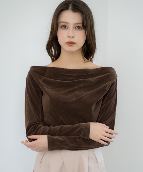 新品タグ付き グラムリップス ベロアトップス ブラウン セール】【新色追加】ベロアドレープトップス（Tシャツ/カットソー
