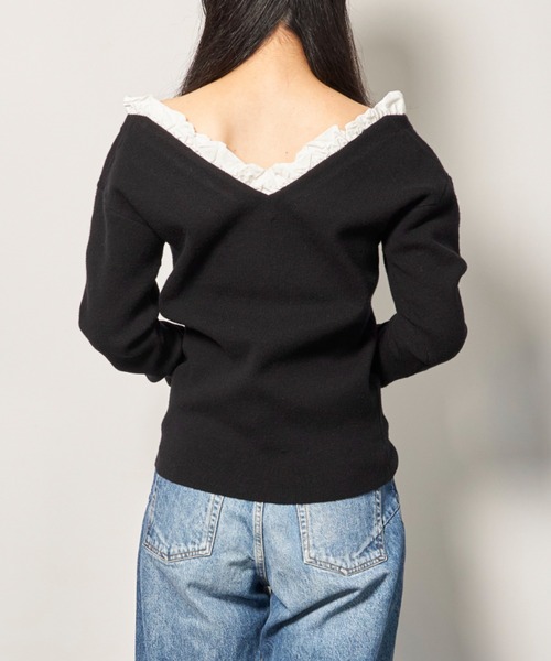 CLANE（クラネ）の「CLANE 2WAY FRILL V NECK KNIT TOPS（ニット/セーター・レディース・オフホワイト/グレー/ブラック・1/2）」の6枚目の写真