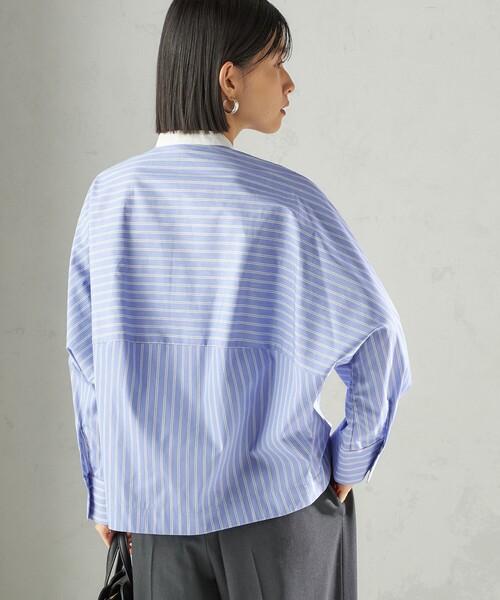 手洗い可能〉コットン ポリエステル ストライプ ドルマン 長袖 シャツ