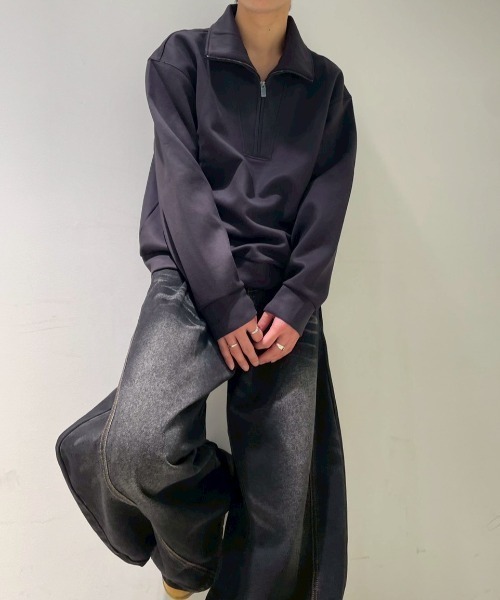BENUSTA（ベヌスタ）の「A'GEM/9 × .kom 『BENUSTA /ベヌスタ』Half Zip Stand Sweat Pullover /ハーフジップスタンドスウェット（ポロシャツ・メンズ・ブラック/アイボリー・L）」の3枚目の写真