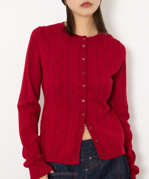 SLY（スライ）の「HEART CROCHET KNIT TOPS ハート ボタン クロシェニット トップス カーディガン 秋服 冬服（カーディガン/ボレロ・レディース・アイボリー/ブラック/レッド/杢グレー・FREE）」の4枚目の写真