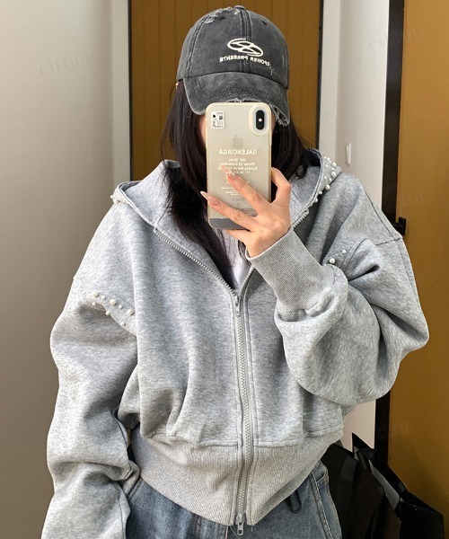 Dalfwin(ダールフィン)の「韓国ファッション パールラインクロップド丈ダブルジップパーカー(パーカー・レディース・ブラック/グレー・FREE)」の1枚目の写真