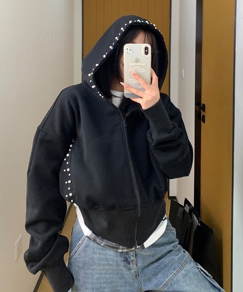 Dalfwin(ダールフィン)の「韓国ファッション パールラインクロップド丈ダブルジップパーカー(パーカー・レディース・ブラック/グレー・FREE)」の2枚目の写真