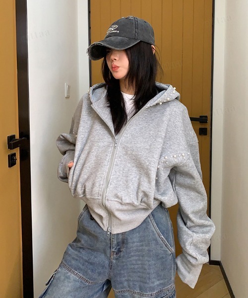Dalfwin(ダールフィン)の「韓国ファッション パールラインクロップド丈ダブルジップパーカー(パーカー・レディース・ブラック/グレー・FREE)」の4枚目の写真