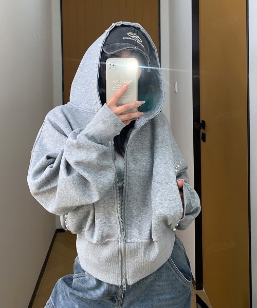 Dalfwin(ダールフィン)の「韓国ファッション パールラインクロップド丈ダブルジップパーカー(パーカー・レディース・ブラック/グレー・FREE)」の8枚目の写真