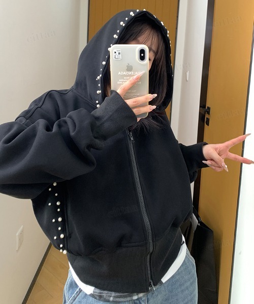 Dalfwin(ダールフィン)の「韓国ファッション パールラインクロップド丈ダブルジップパーカー(パーカー・レディース・ブラック/グレー・FREE)」の22枚目の写真